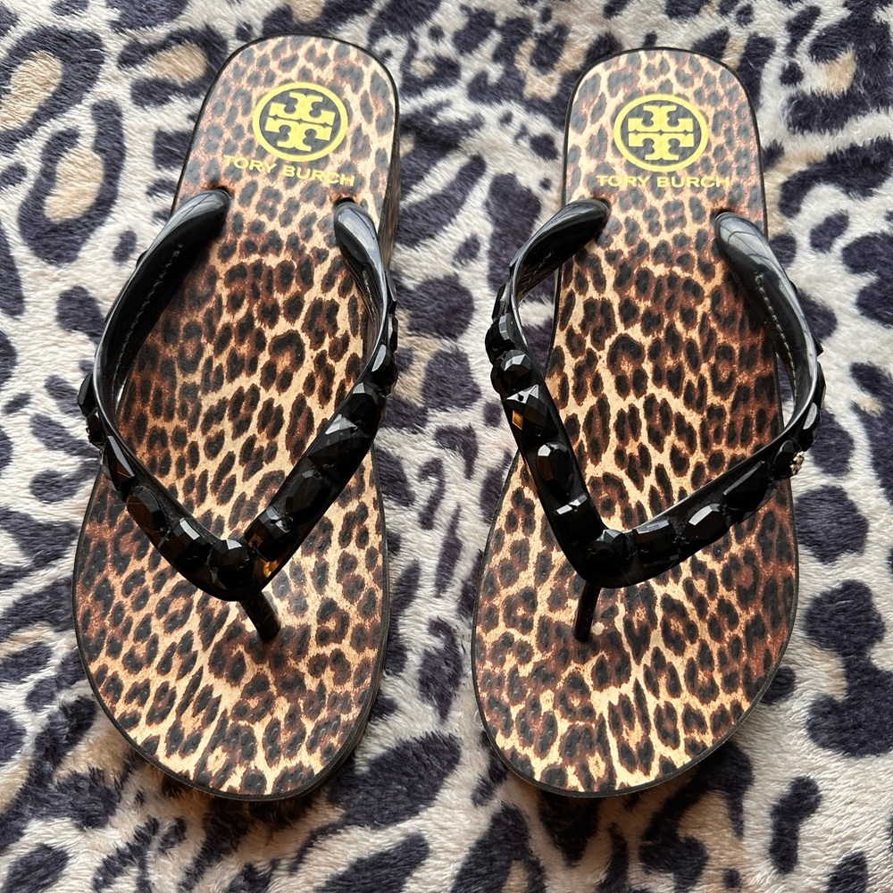 Tory Burch Animal Print Sandals with Black Straps